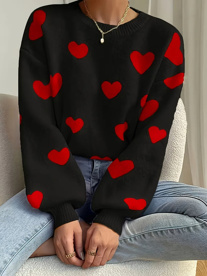 Pull col rond ample en maille blanc avec cœurs beiges