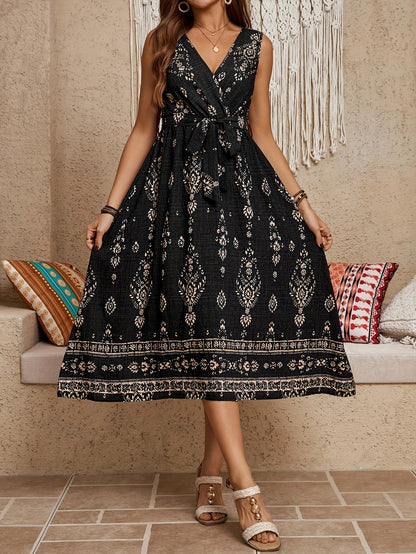 Vestido largo bohemio para mujer con estampado damasco y cinturón, estilo vintage chic