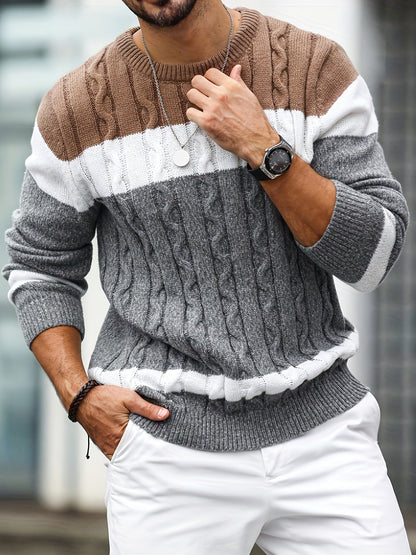 Pull homme tricoté à motifs tressés, rayures marron, blanc et gris