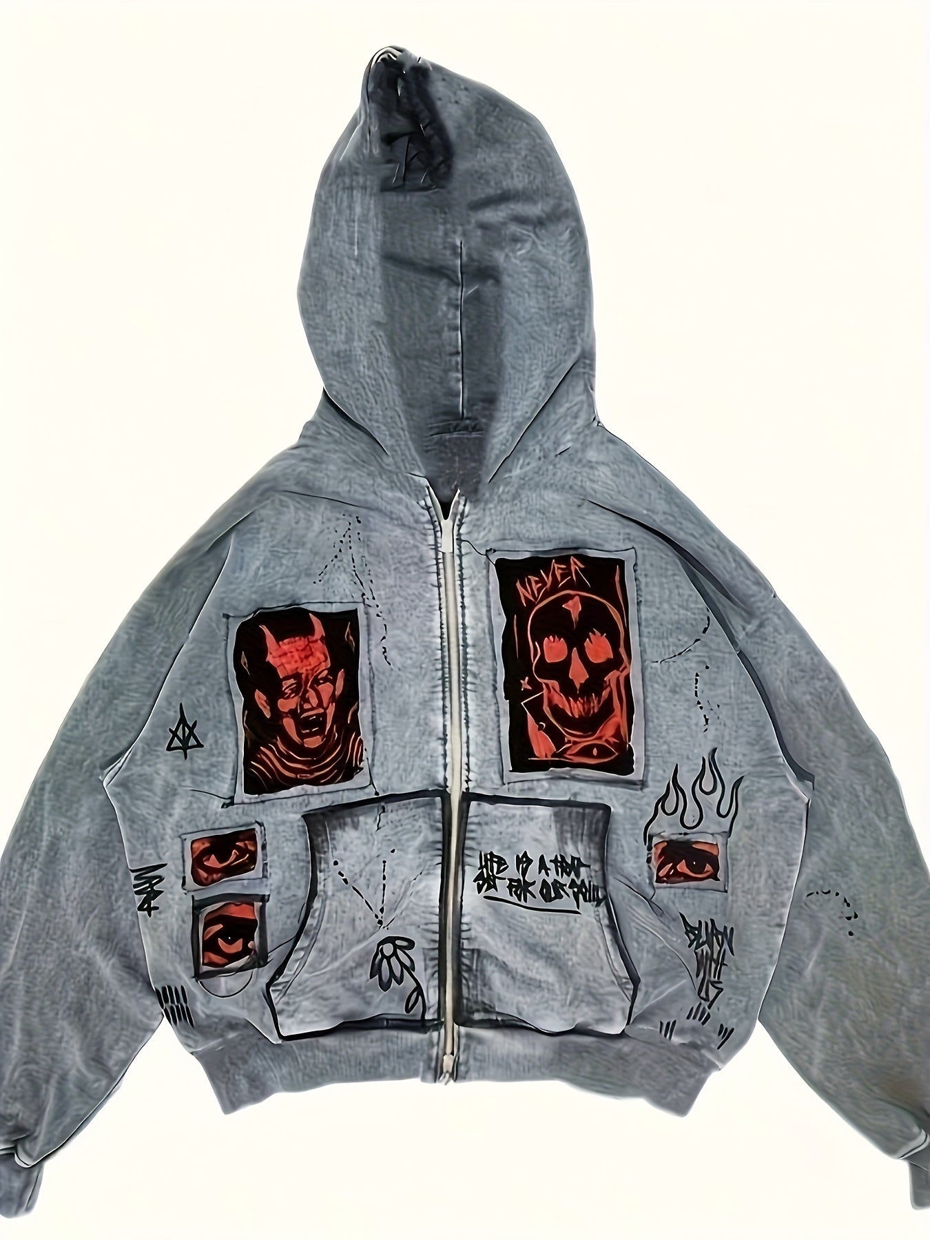 Sweat à Capuche Unisexe Gris Fermeture Éclair Motif Tête de Mort et Visage