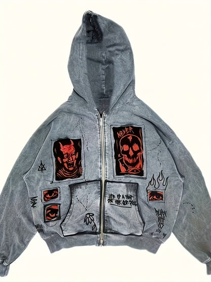 Sweat à Capuche Unisexe Gris Fermeture Éclair Motif Tête de Mort et Visage