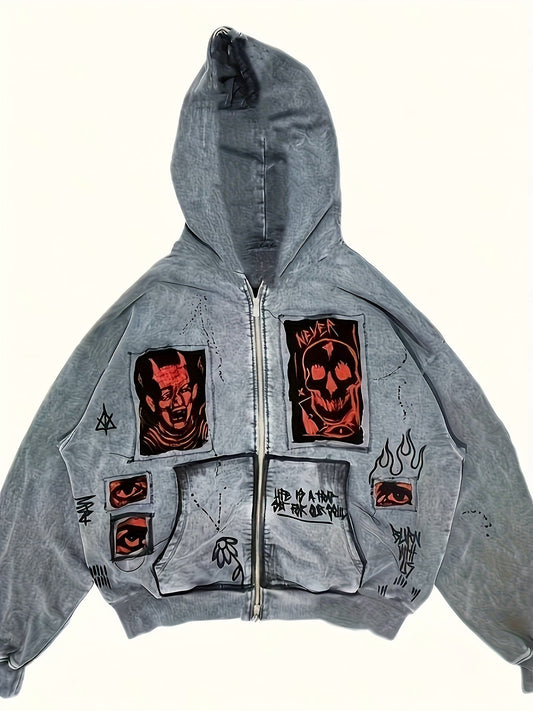 Sweat à Capuche Unisexe Gris Fermeture Éclair Motif Tête de Mort et Visage
