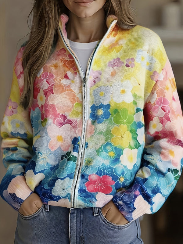 Giacca da donna con chiusura a zip e stampa floreale multicolore