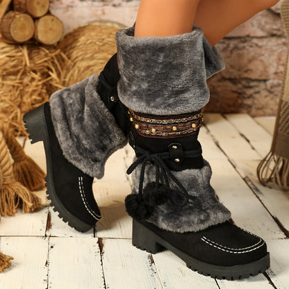 Bottes Femme Mi-Mollet Chaudes Style Ethnique Marron avec Fourrure et Pompons