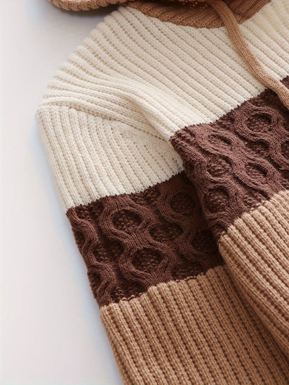 Pull à capuche homme tricoté à rayures, beige, marron et crème, motif torsadé décontracté