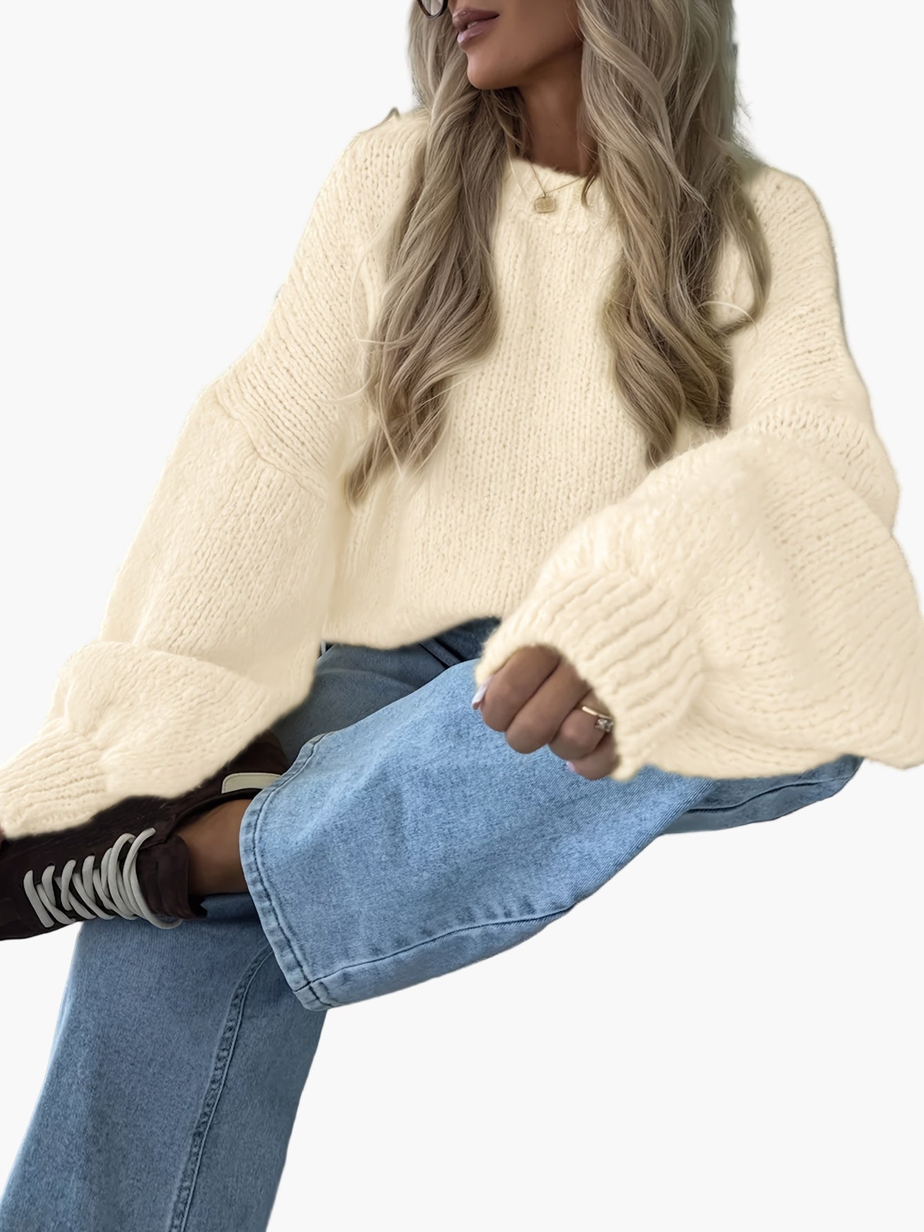 Jersey casual mujer mangas abullonadas estilo urbano otoño invierno