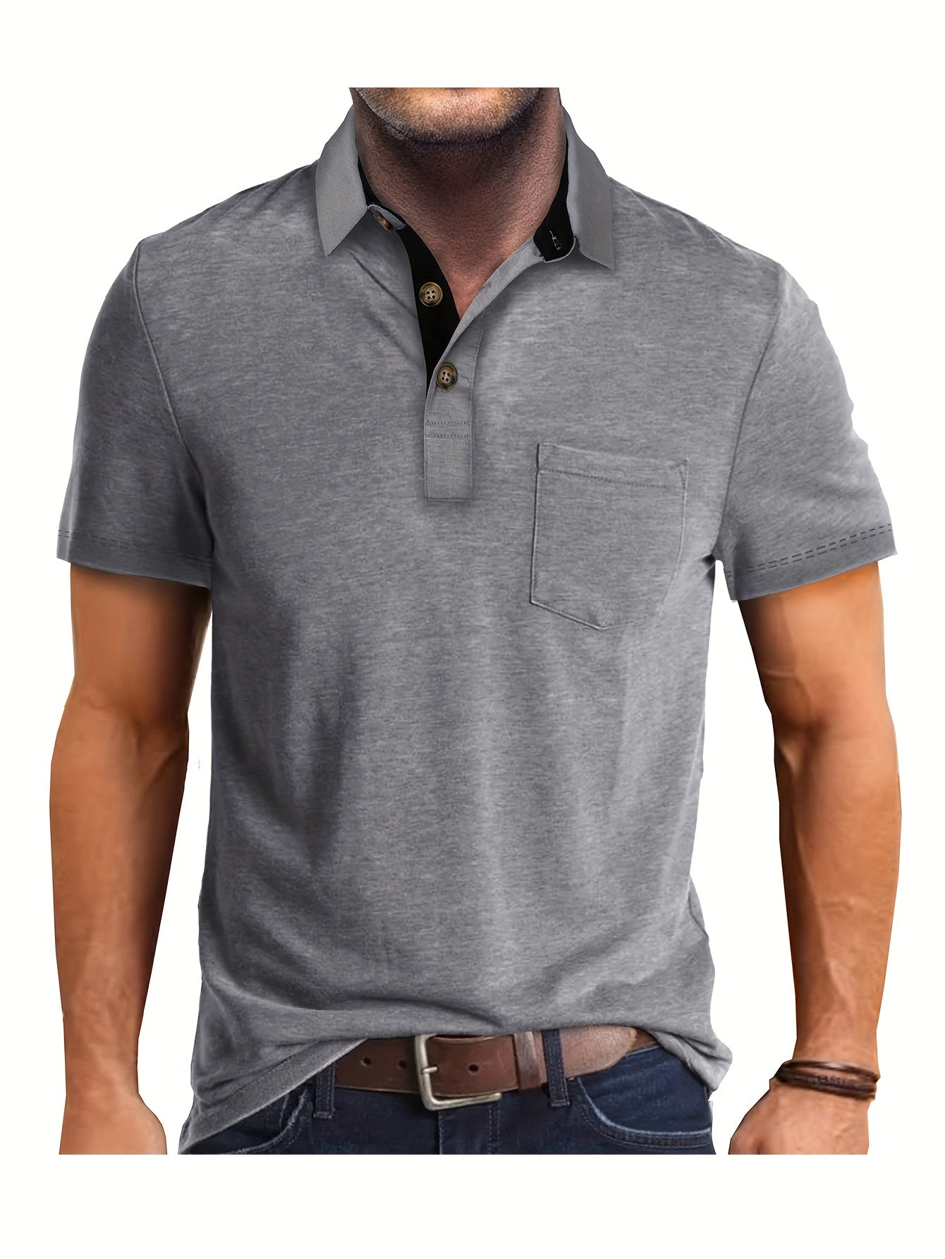 Polo décontracté pour homme à poche poitrine, style élégant pour usage quotidien ou bureau