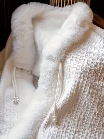 Manteau Femme court blanc avec bordures imitation fourrure douces et fermeture à brandebourg