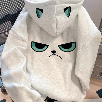 Sweat à Capuche Unisexe Gris Clair Motif Chat Grognon Oreilles Pointues