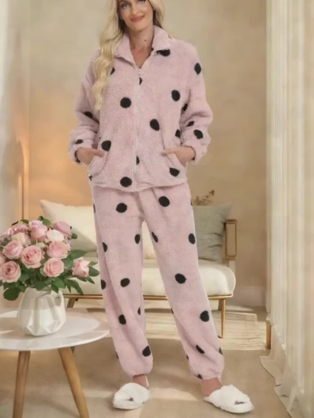 Pyjama Femme Doux Polaire Motif Pois Manches Longues Zip Intégral