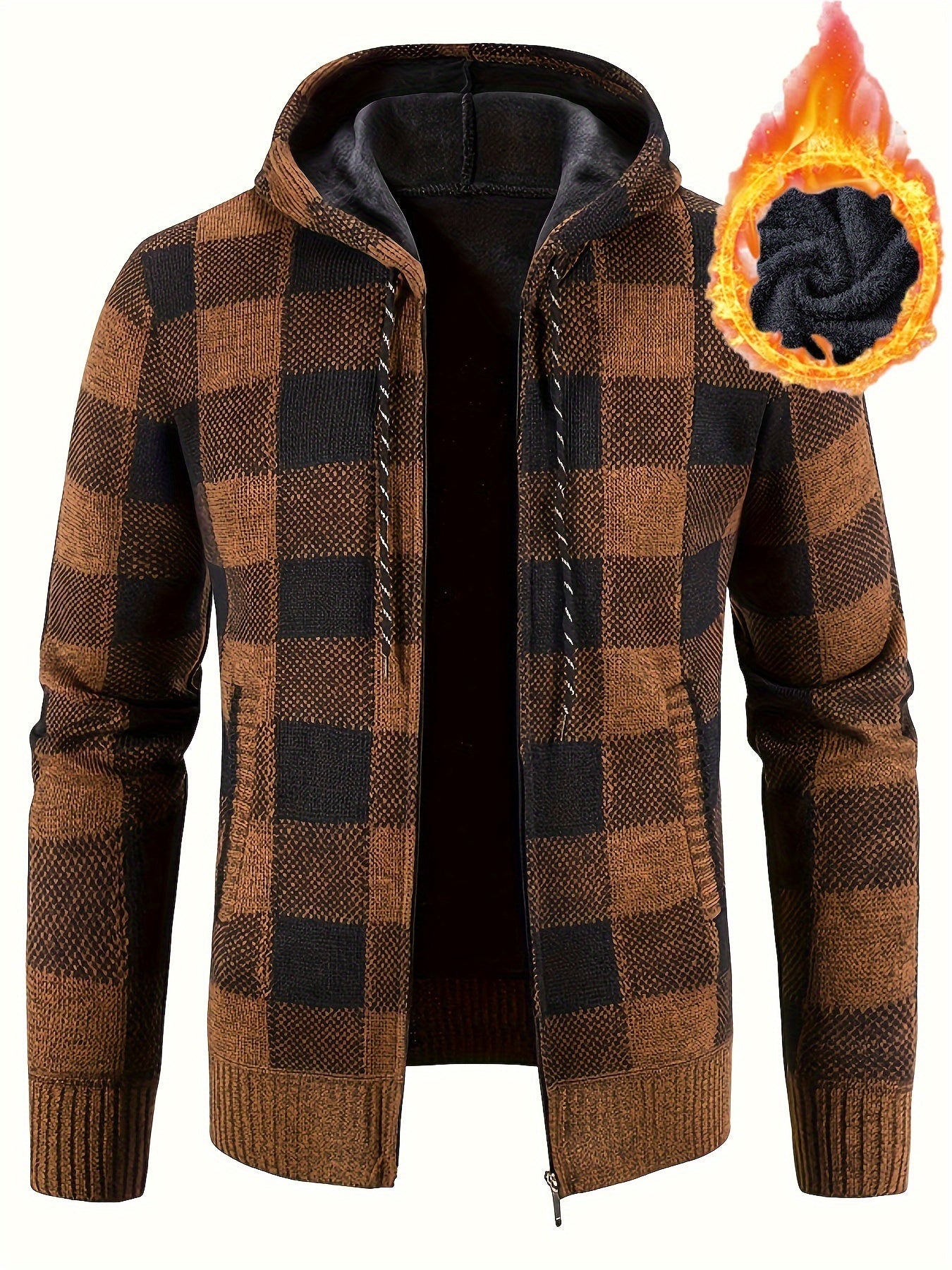 Cardigan Homme à Capuche Carreaux Marron Noir Fermeture Éclair Doublure Chaude