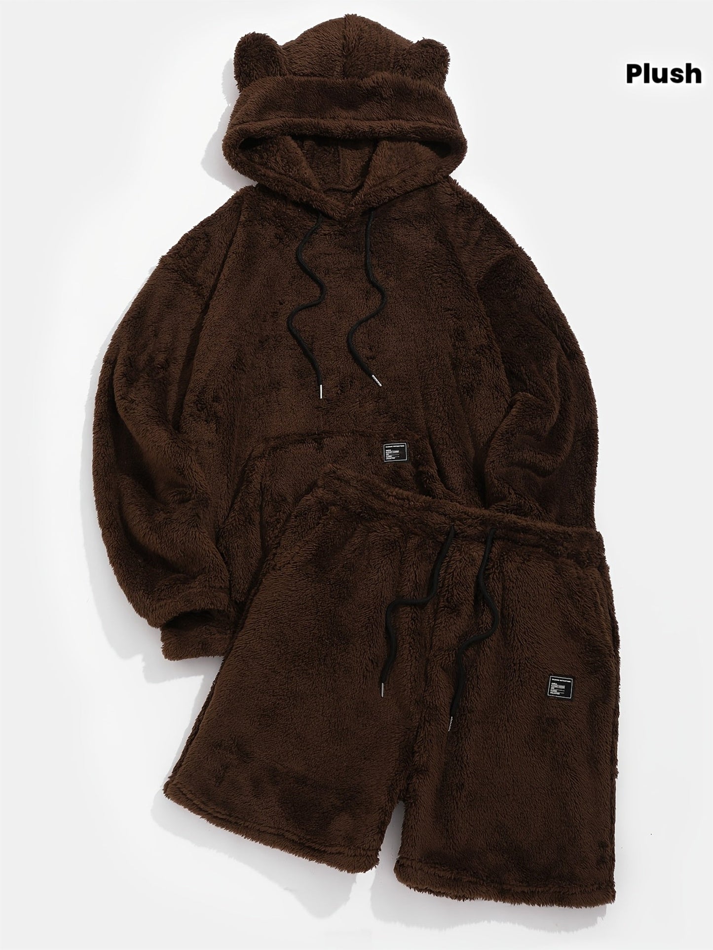 Ensemble Homme Doux en Peluche Marron avec Sweat à Capuche et Short