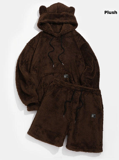 Ensemble Homme Doux en Peluche Marron avec Sweat à Capuche et Short