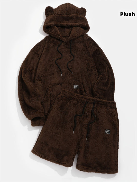 Ensemble Homme Doux en Peluche Marron avec Sweat à Capuche et Short