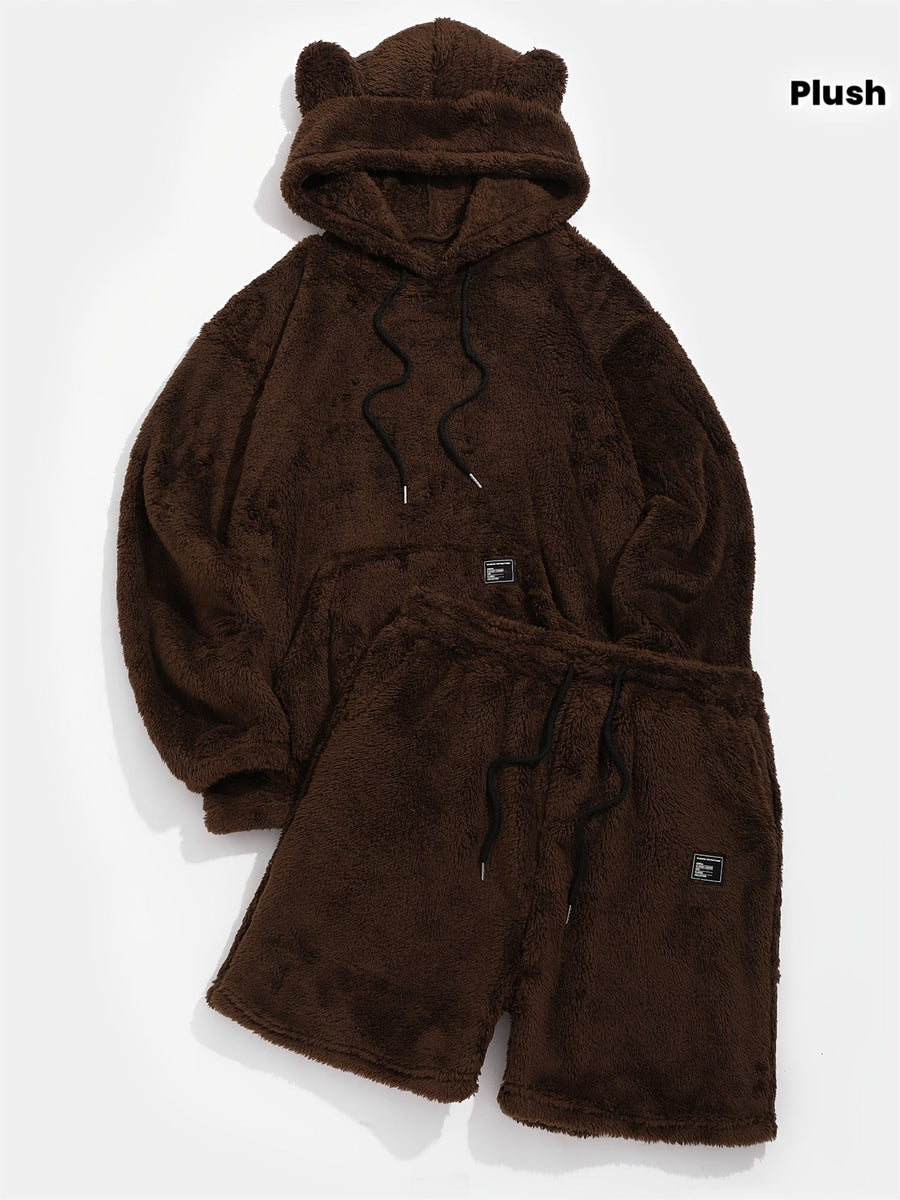 Ensemble Homme Doux en Peluche Marron avec Sweat à Capuche et Short