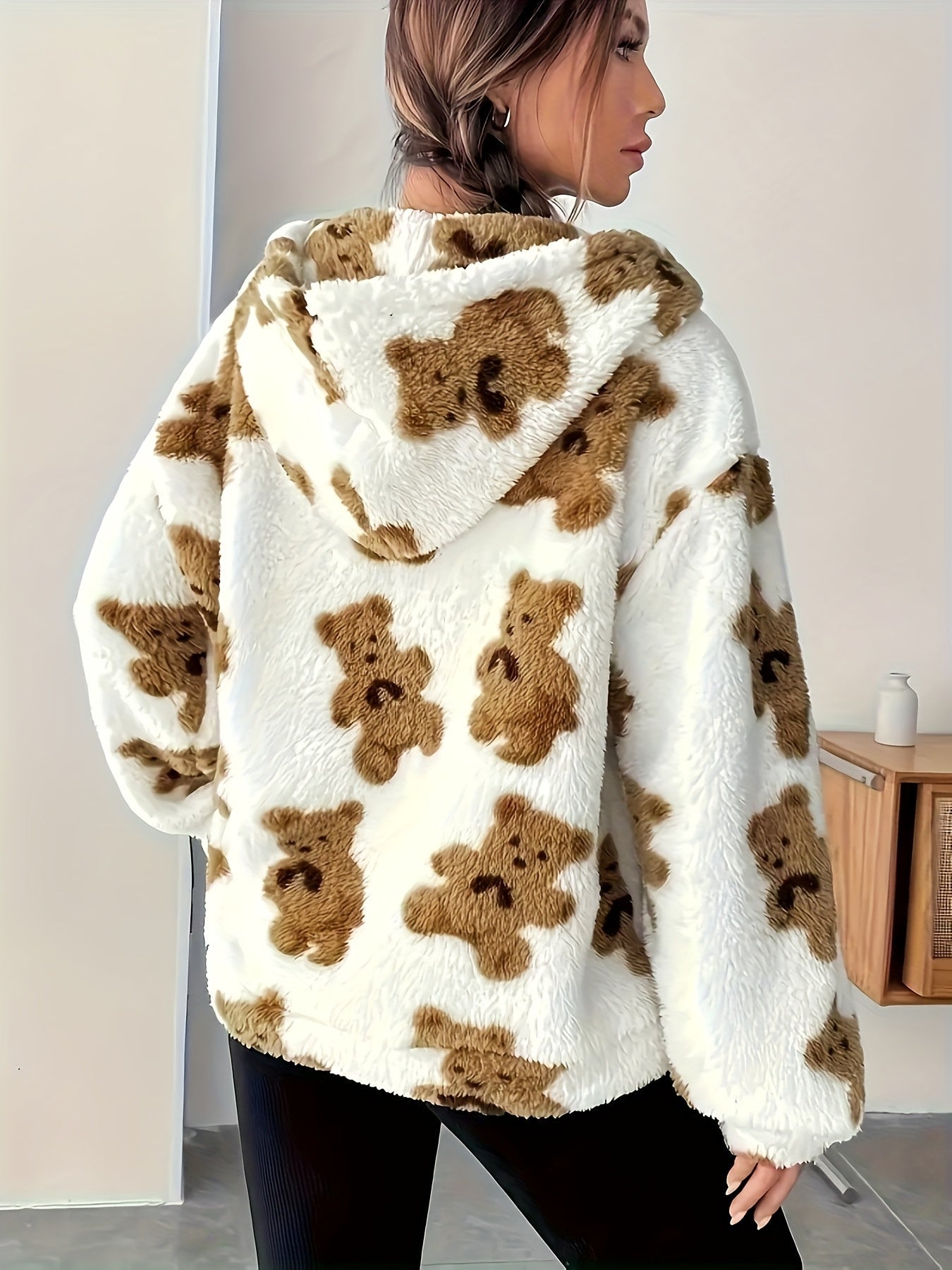 Sweat à Capuche Femme Doux Motif Ours Teddy Blanc et Marron