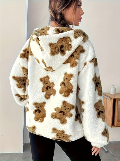 Sweat à Capuche Femme Doux Motif Ours Teddy Blanc et Marron