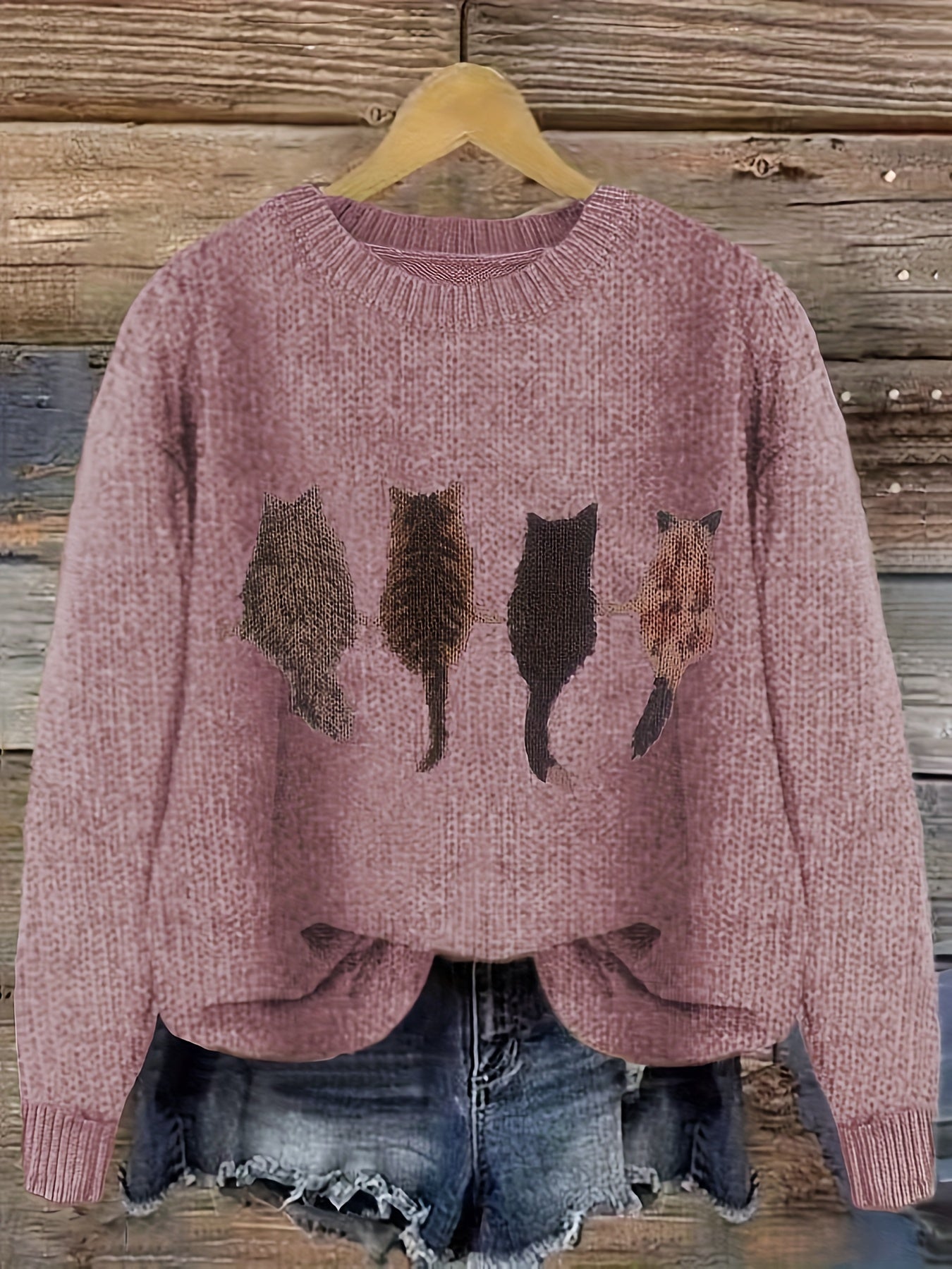 Pull en maille femme col rond à motif chats manches longues