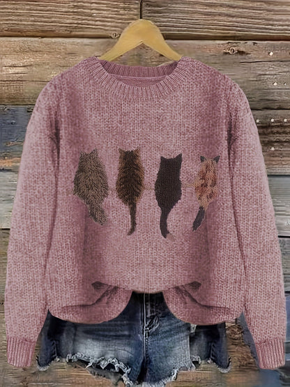 Pull en maille femme col rond à motif chats manches longues