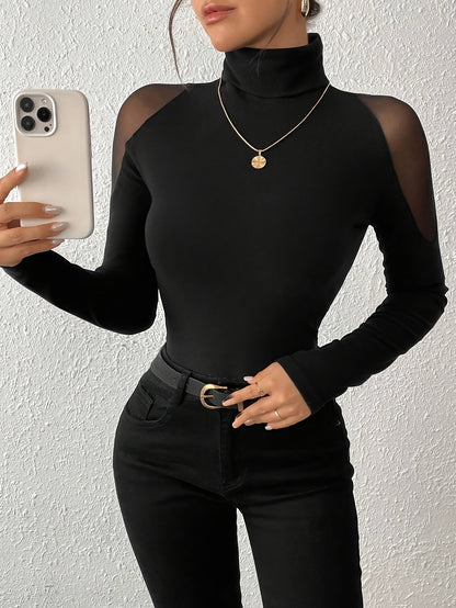 Haut moulant femme col roulé noir manches longues transparentes épaules