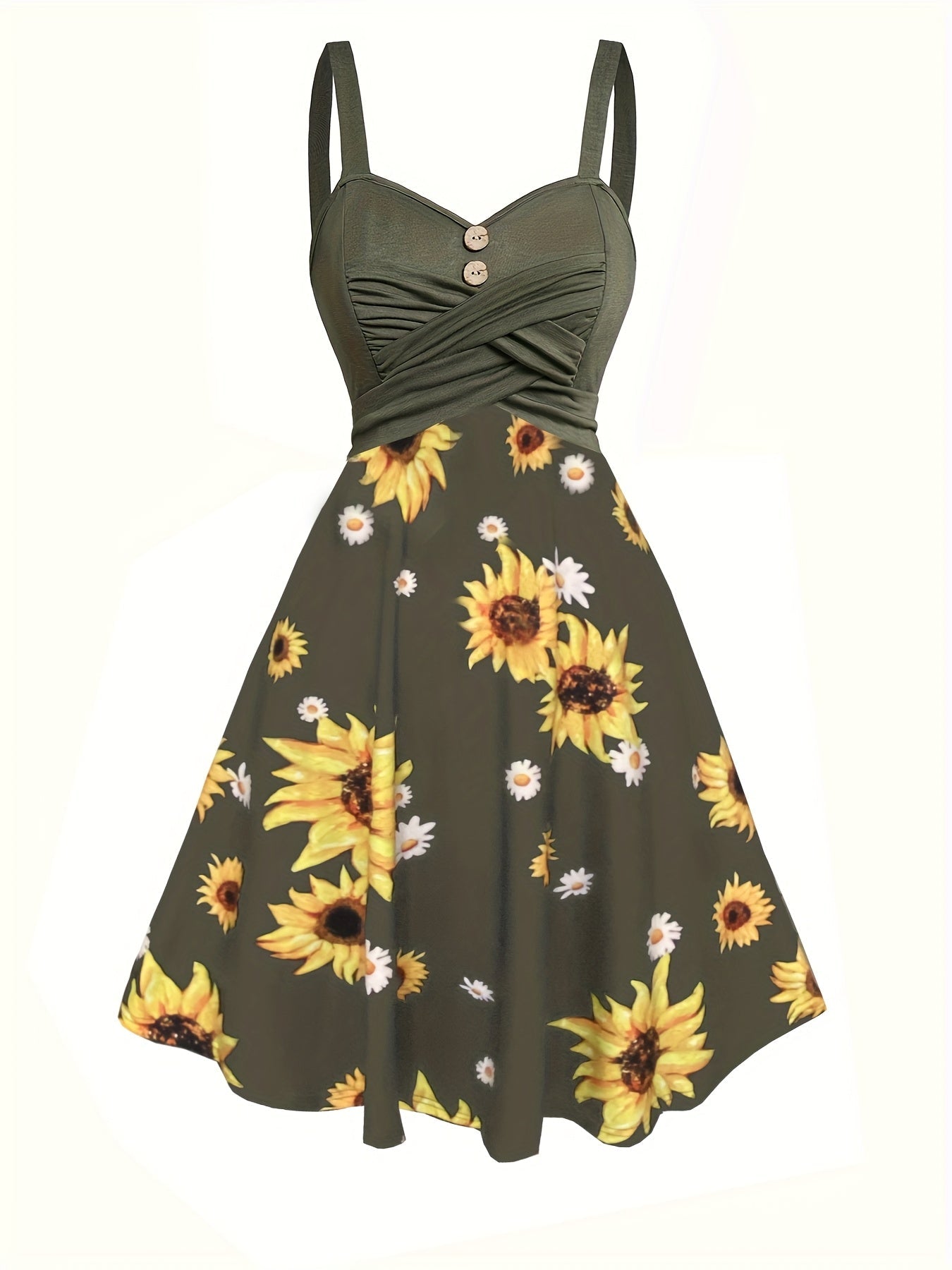 Abito vintage donna stile retrò con spalline, motivo girasole, ideale per l'estate e le occasioni informali