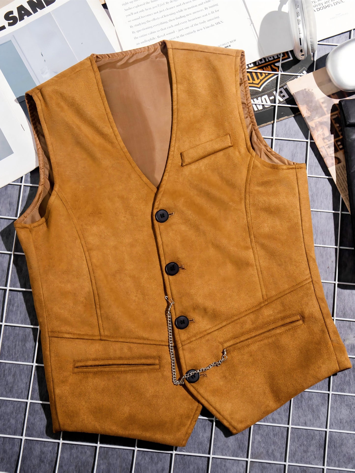 Gilet de Costume Homme Uni Col en V Décoration Chaîne Boutons