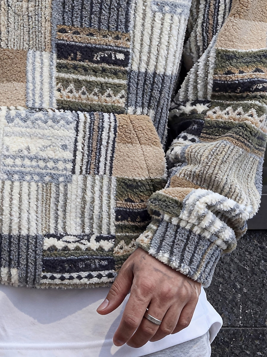 Sweat à Capuche Homme Motif Patchwork Imprimé Ethnique Demi-Zip Polaire Hiver