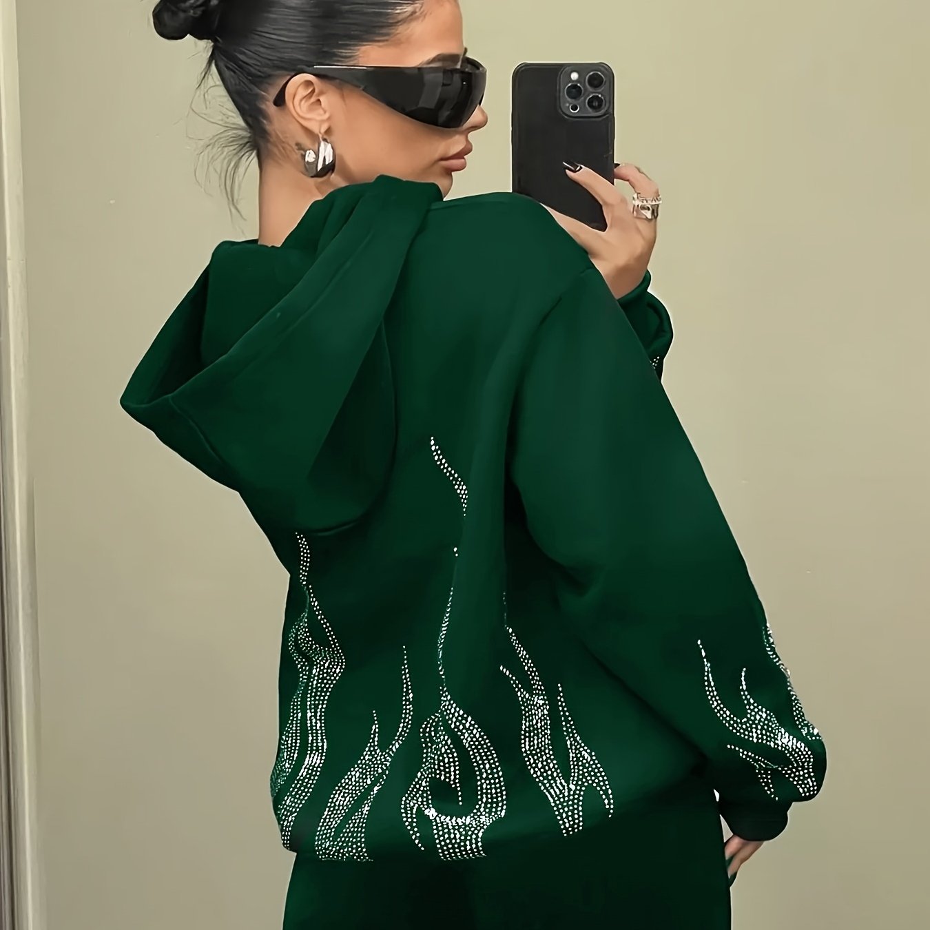 Sweat à Capuche Femme Décontracté Noir Flammé Strass Manches Longues