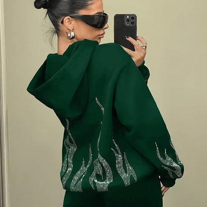 Sweat à Capuche Femme Décontracté Noir Flammé Strass Manches Longues