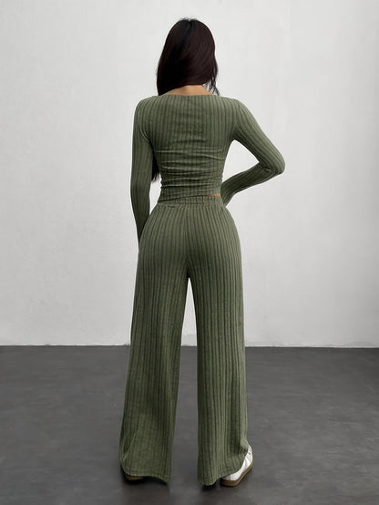 Ensemble côtelé femme 2 pièces pull court et pantalon large gris