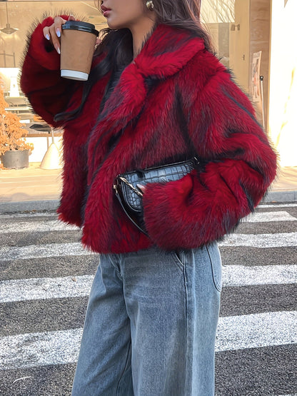 Veste courte en fausse fourrure rouge à motif Femme