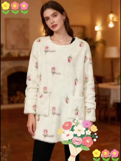 Robe de Nuit Molletonnée Femme Crème à Motifs Floraux Manches Longues