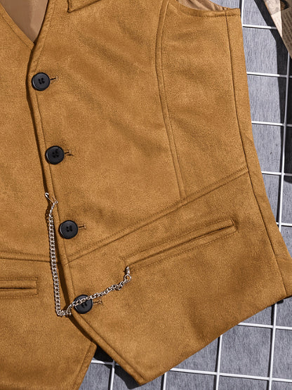 Gilet de Costume Homme Uni Col en V Décoration Chaîne Boutons