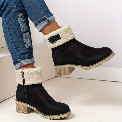 Bottines femme doublées imitation fourrure avec boucle décorative et semelle crantée à talon bloc
