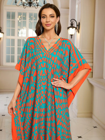 Robe longue bohème femme à imprimé graphique, col V, style décontracté chic