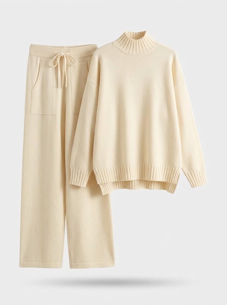 Set aus Strickpullover mit Stehkragen und weiter Strickhose, blau