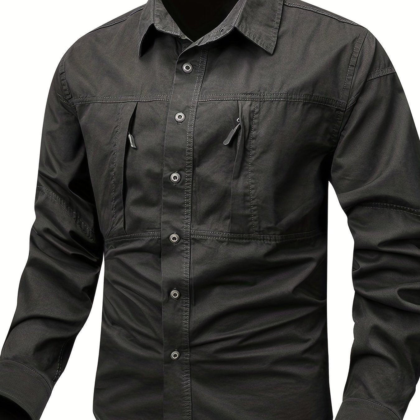 Chemise Homme Boutonnée Manches Longues à Poches Zippées Style Cargo Militaire
