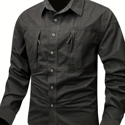 Chemise Homme Boutonnée Manches Longues à Poches Zippées Style Cargo Militaire