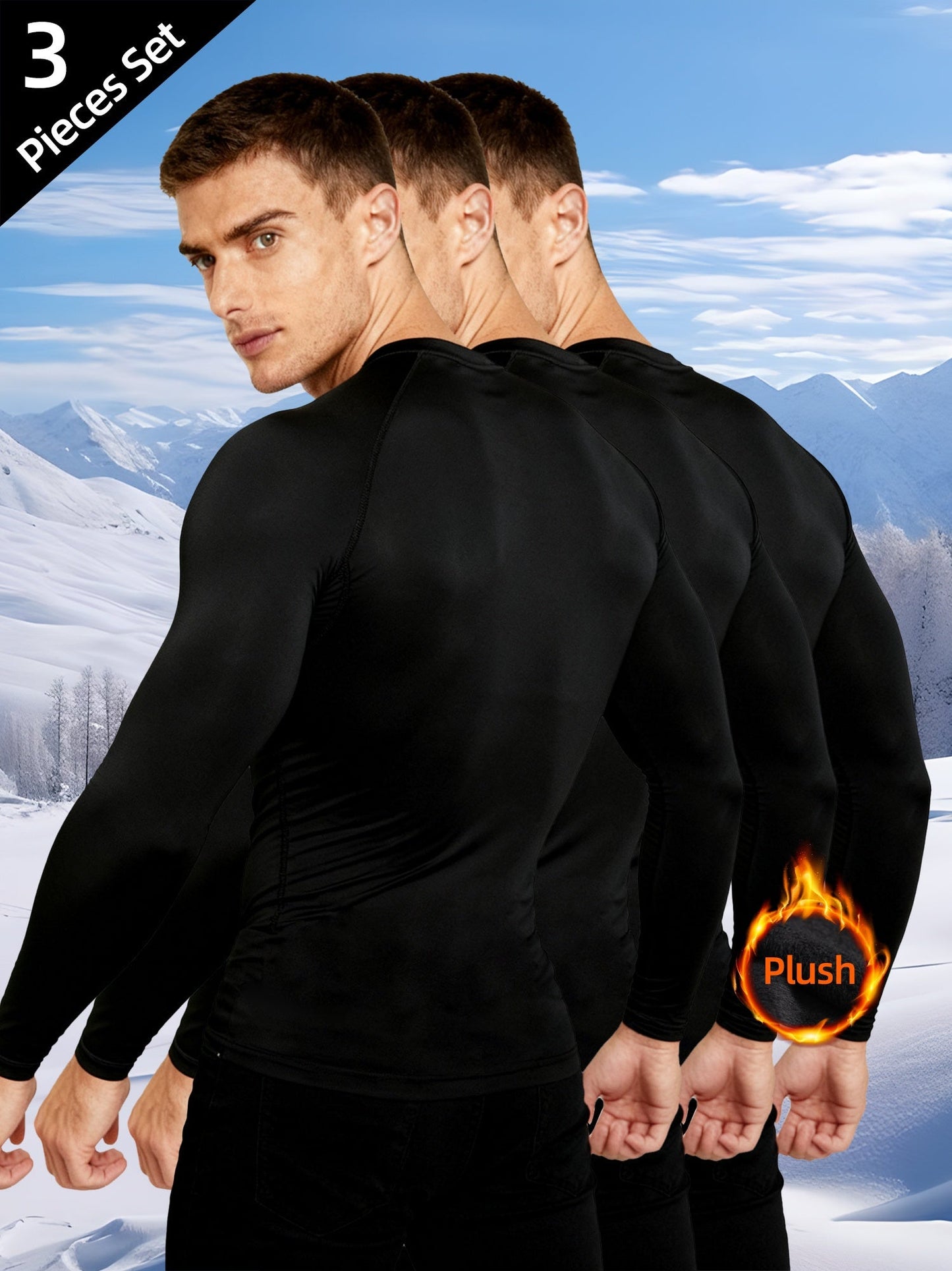 Ensemble Sous-vêtements Thermiques Homme Noir Manches Longues Lot de 3