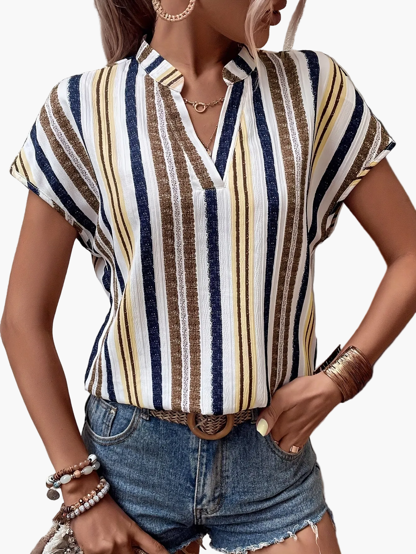 Casual striped blouse for women, V-neck, short sleeves, elegant summer style