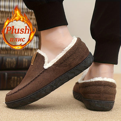 Chaussons Mocassins Homme Doublés Polaire Marron Chaussures d'Intérieur Hiver Confortables