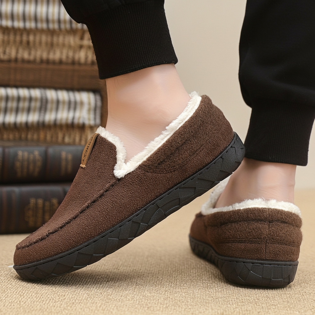 Chaussons Mocassins Homme Doublés Polaire Marron Chaussures d'Intérieur Hiver Confortables