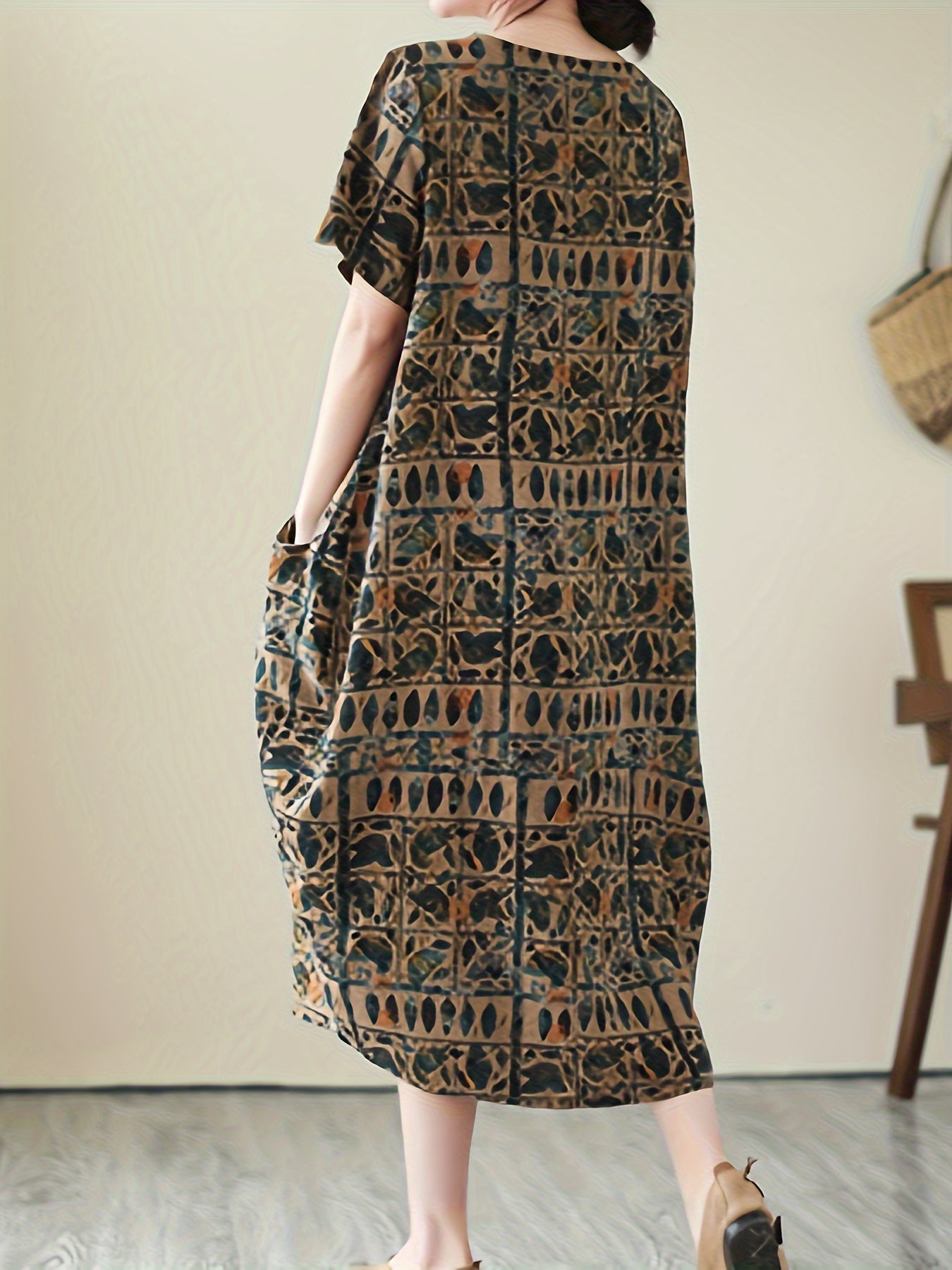 Abito casual a maniche corte da donna stile artistico bohémien ampio con stampa geometrica e botanica