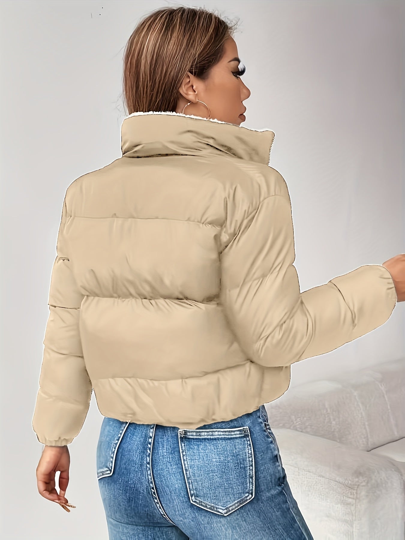 Doudoune Courte Femme Matelassée Col Montant Doublure Douce Noir