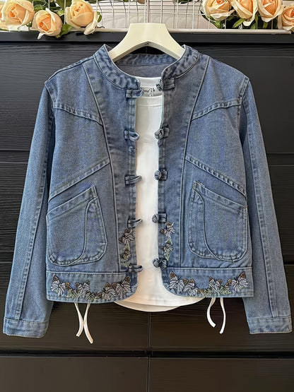 Veste en Jean Femme Col Mandarin Boutons Brandebourg Broderie Papillons