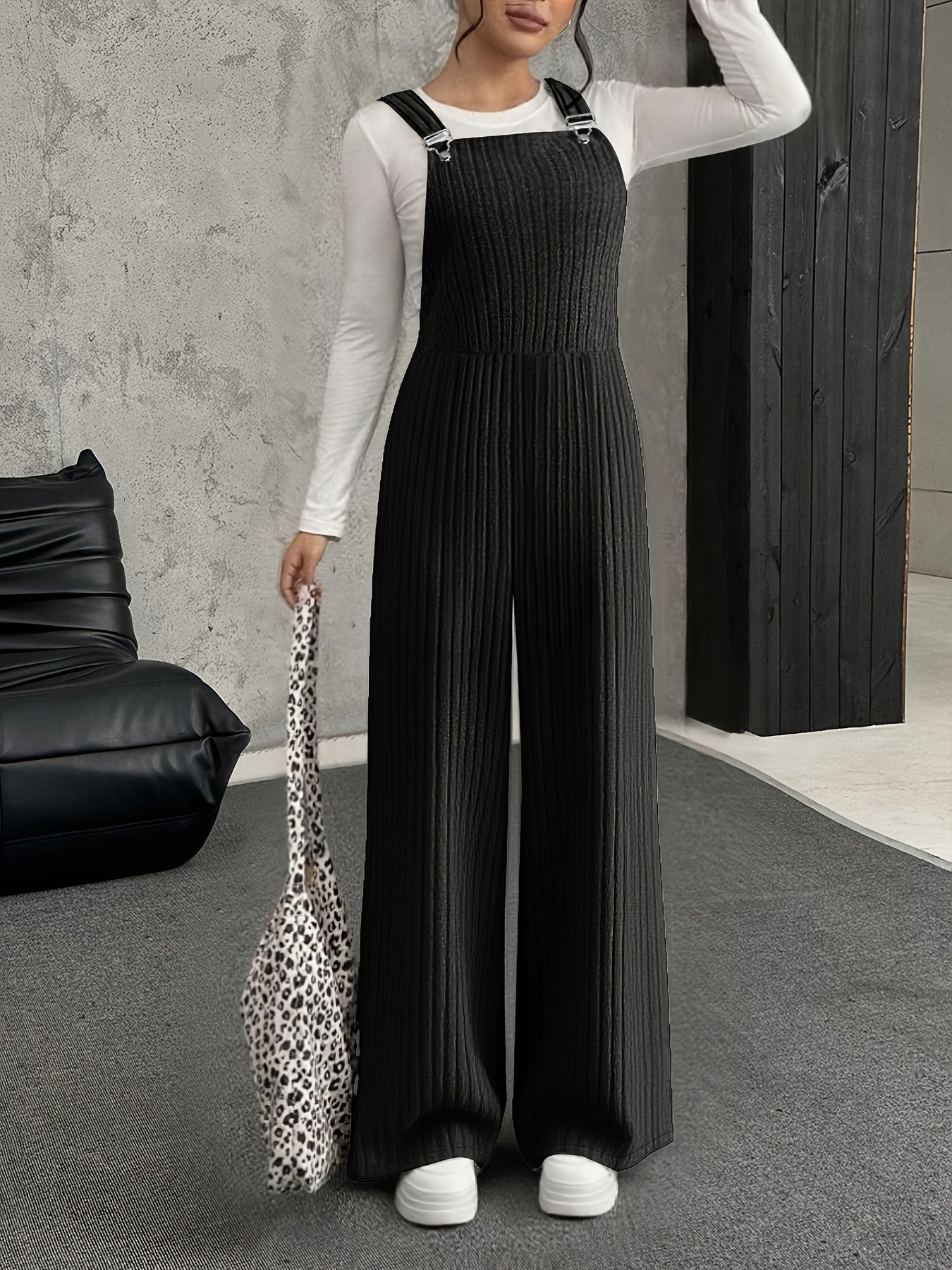 Salopette Femme ample côtelée gris clair à bretelles avec boucle