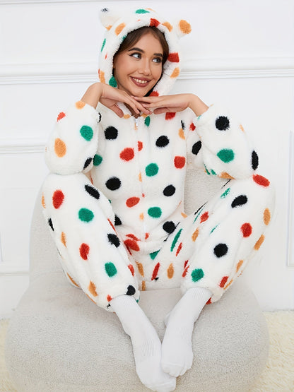Combinaison Pyjama Polaire Femme à Capuche Ourson ou Pois Colorés Fermeture Éclair