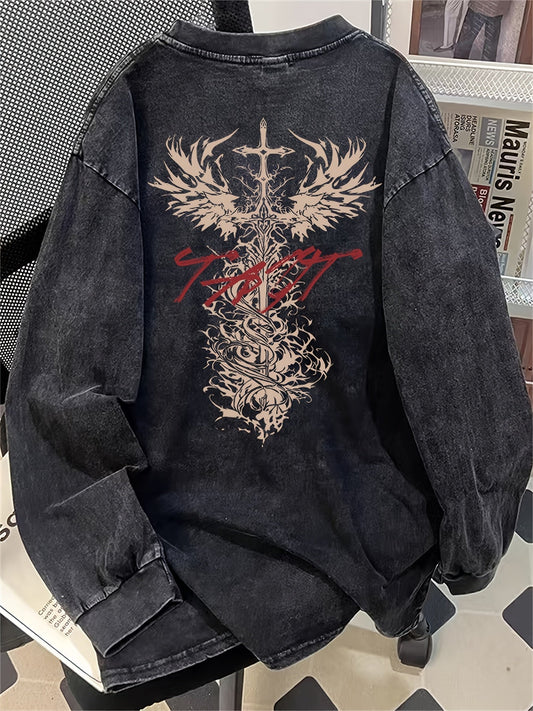 Sweat-shirt oversize délavé noir avec imprimé graphique épée ailée au dos