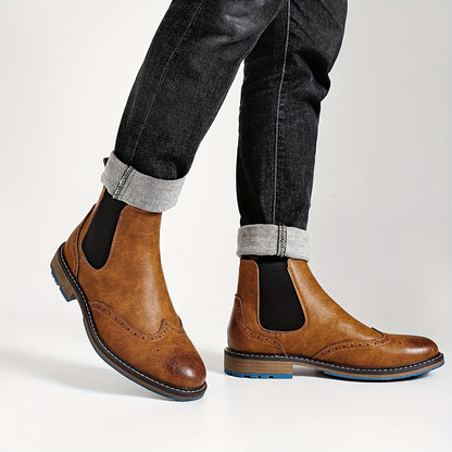 Bottes Chelsea Homme Marron Brogue Détails Perforés Élastiques Latéraux Semelle Bleue