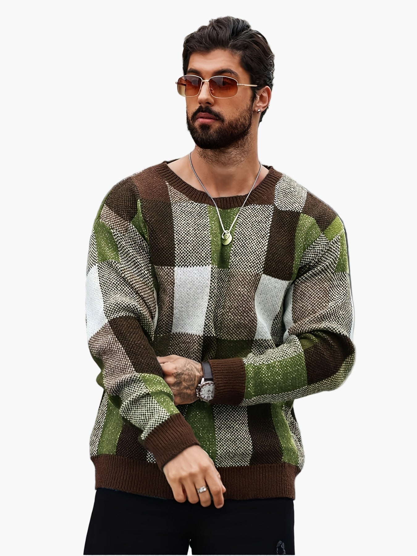 Pull décontracté à carreaux homme style automne/hiver col rond